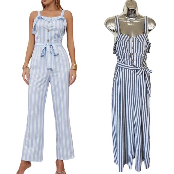 BLUSH J Striped Jumpsuit Blue White Chambray Sleeveless Belted Crop Medium EUC - Picture 1 of 10